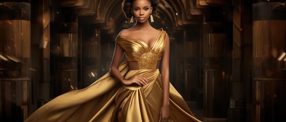 Elegant woman in golden evening gown posing for fashion showcase. Luxury and glamour.