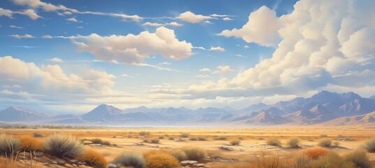 Panoramic desert valley with spectacular cumulus cloud formations and distant mountain hills on the horizon - painting reminiscent of hot and dry midday landscape in Nevada. - obrazy, fototapety, plakaty