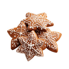 Homemade ginger cookies. A pile of Christmas cookies in the shape of stars with sugar icing. Cookies are isolated on a transparent background. Cut out object. Convenient for college. PNG file.