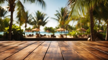 Fototapeta premium Tropical resort vibes with poolside wooden decking and plants