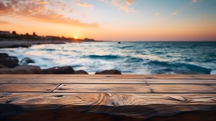 Fototapeta na wymiar Peaceful sunset view from wooden boardwalk by the beach