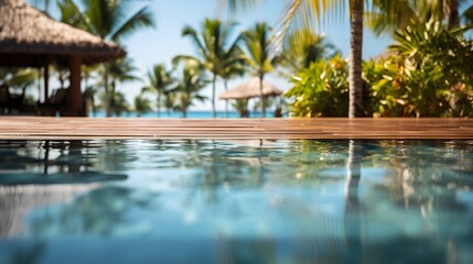 Resort pool with palm trees and hut, tropical paradise