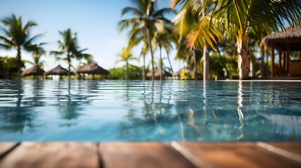 Fototapeta na wymiar Resort pool with palm trees and hut, tropical paradise