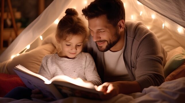 Father and child enjoying a bedtime story in a cozy tent