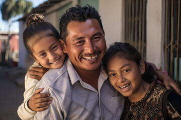 Happy Mexican, Latino, Indian family in front of their house, home, real estate. Homeowners, renters, mom, dad, kids, children, blended families, diverse families, standing in front of their property - obrazy, fototapety, plakaty