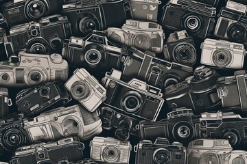 Fototapeta premium Pattern of photo cameras creates a captivating background image. Diversity in camera types, forming an engaging visual motif suitable for photography-related contexts and creative designs.
