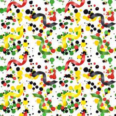 Abstract seamless pattern spots serpentine ribbons. Red black green yellow. Kwanzaa, Black history month, Juneteenth. Hand drawn watercolor illustration background.