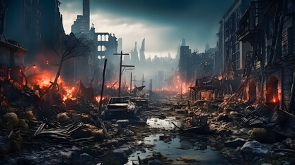 Many buildings of a city destroyed by war (Generative AI) - obrazy, fototapety, plakaty