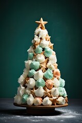 Christmas tree made of white and mint meringue cookies. Isolated studio shot of stacked cookie pyramid