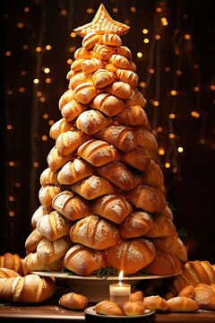 Christmas tree made of bread loaves. Gluten tolerant white bread tree for a bakery