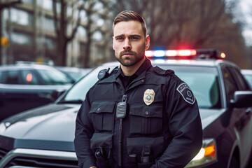 portrait of a policeman near a police car