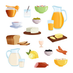 Breakfast food and drink collection. Vector flat isometric elements isolated on background.