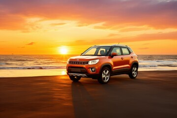 Compact car on paved road in the countryside at sunset. , suv car on the beach at sunset, 3d rendering, Environmentally friendly technology and Business success concept.