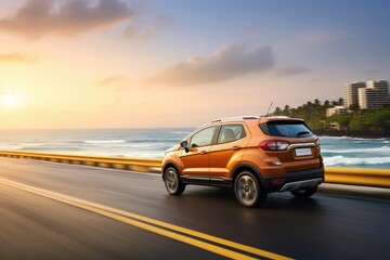 car on the road with motion blur background, sunset and sea, modern SUV car on concrete road, compact and efficient subcompact car - obrazy, fototapety, plakaty