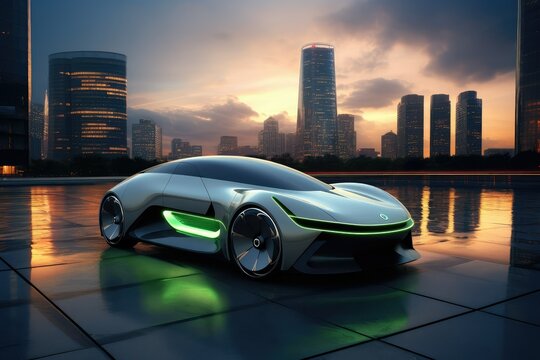 3D rendering of a futuristic concept car in the city at night, Futuristic sports car in night neon city lights environment, Modern Electric car - Powered by Adobe