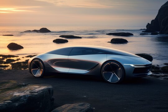 Tuned Sport Car , cyberpunk Sports Car On sea beach, 3D rendering of a brand-less generic concept car in the beach, Modern electric car in the city