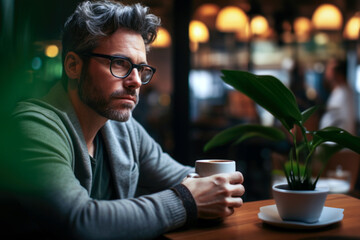 Mature business man sitting at cafe table enjoying hot drink.