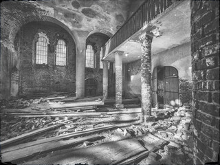 Obraz premium interior, frame, vintage, black, church, cathedral, nobody, catholic, gothic, toning, black and white photography, monochrome, fine art, baroque, mystic, dramatic, mood, exterior, fine art photo, mood