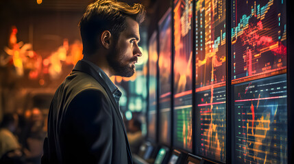 Fototapeta na wymiar A financial manager stands in front of digital stock market charts (Generative AI)