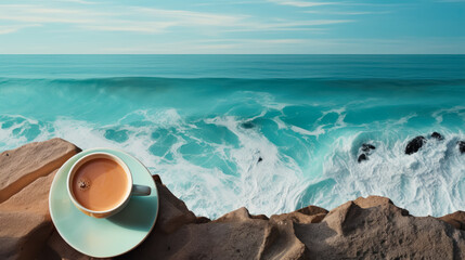 Fototapeta na wymiar A cup of coffee on the cliff overlooking the sea wave