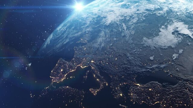 Nightly Earth planet in outer space. City lights and night countries from galaxy. Life of people. Solar system element. Communication technology for internet business worldwide. Global network concept
