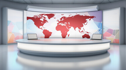 Global News Hub: Modern White Studio with World Map Backdrop