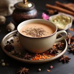 Obraz na płótnie Canvas Masala tea. Cup of organic ayurvedic or herbal drink India, good in winter, for immunity boosting