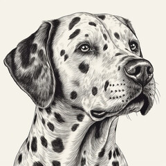 Dalmatian dog, engraving style, close-up portrait, black and white drawing, cute dog, favorite pet