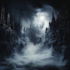 contours of an ancient medieval castle in darkness and smoke, witchcraft magical fantasy ominous landscape