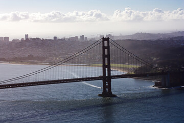South Tower Of Golden Gate Bridge With Cith And Bay