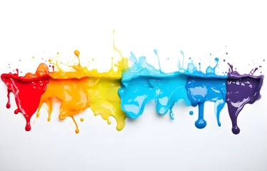 Gordijnen Colorful bright paint splash and drip on light background for card decor © Oleksiy