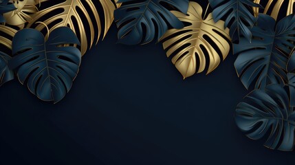 golden tropical monstera leaf border on black navy blue background with  copyspace for text 