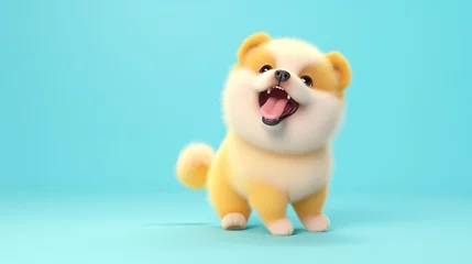 Tuinposter Full-body, happy, cute, kawaii dog in a vibrant 3D render on a solid, clean color backdrop, radiating joy and positivity. © AlexRillos