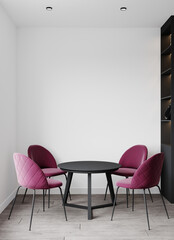 Dining room in white and accent pink colors chairs. Mauve and violet with black shelves details. Minimalistic trend design. Modern room with empty walls. Menu template or blank scene. 3d rendering 
