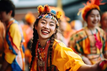 Woman in traditional costume dancing and laughing. Cultural exchange festival where people from different backgrounds celebrating dancing, sharing food. People celebrate their culture in street parade