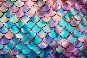 Beautiful and unique texture of fish scales, iridescent and metallic quality, neon and holographic effect. Reflecting the light and creating gradient of blue, pink and purple colors - obrazy, fototapety, plakaty