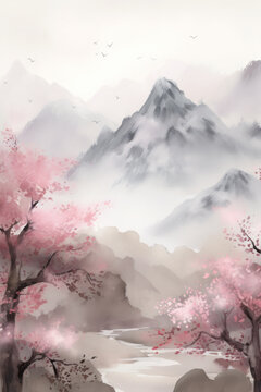 Cherry tree blossoms blooming. Traditional oriental watercolor painting, japanese and chinese style. Ink landscape painting. Lake and mountain landscape in Chinese style.