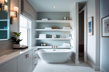 Modern cozy bathroom with a bath, cosmetic shelf, towels, and tiled walls. Mockup for presenting bath and cosmetic products, providing an attractive space for showcasing items.