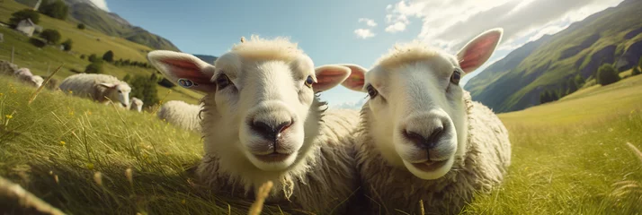 Foto op Plexiglas The two sheep look curious as they discover the hidden camera in the outdoors. Beautiful panoramic animal portrait with fisheye effect and selective focus, ideal as web banner or in social media © Aul Zitzke