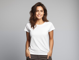 A young woman posing for a t-shirt mockup, wearing a blank , clean white shirt
