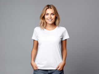A blonde woman posing for a t-shirt mockup, wearing a blank , clean white shirt
