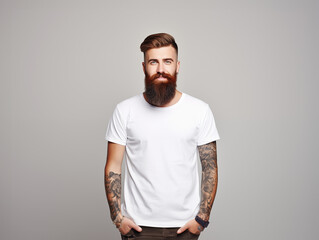 a young male hipster with a beard and tattoos wearing a blank T shirt for use as mockup with blank background