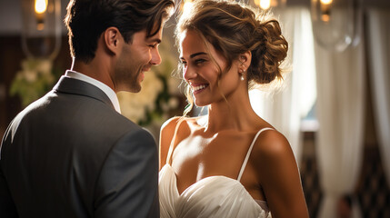 The bride and groom look at each other on their wedding day. Over the shoulder shot of a wedding couple