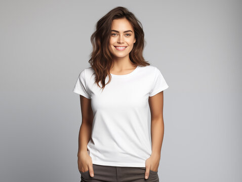 A young woman posing for a t-shirt mockup, wearing a blank , clean white shirt