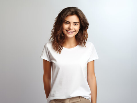 A young woman posing for a t-shirt mockup, wearing a blank , clean white shirt