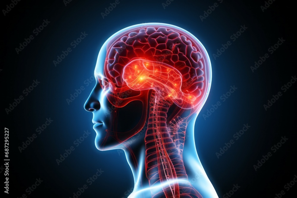 Poster hologram of the head brain. background with selective focus and copy space
