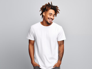 a young male model wearing a blank T shirt for use as mockup with blank background