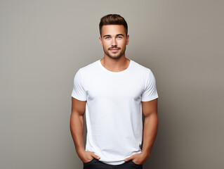 a young male model wearing a blank T shirt for use as mockup with blank background