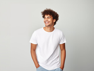a young male model wearing a blank T shirt for use as mockup with blank background