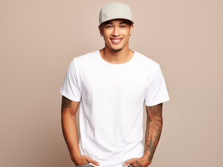 a young male model wearing a blank T shirt for use as mockup with blank background